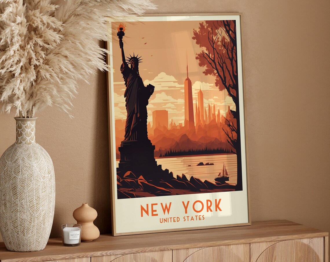 New York Statue of Liberty Sunset Vintage Retro Travel Poster - Image 3