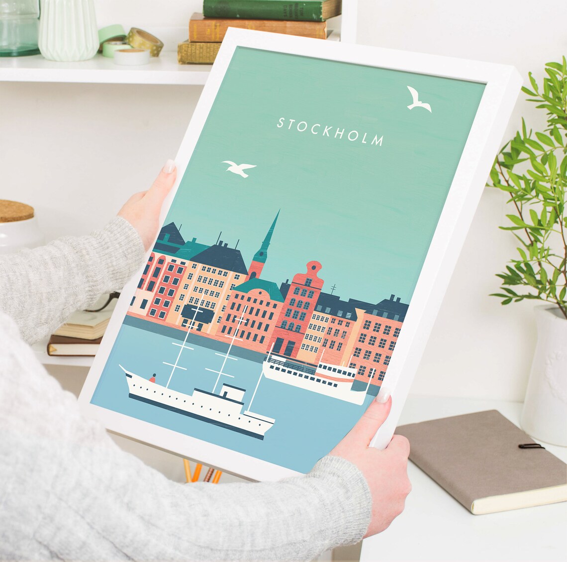 Stockholm Sweden Old Town Harbor Ships Seagull Travel Poster - Image 4