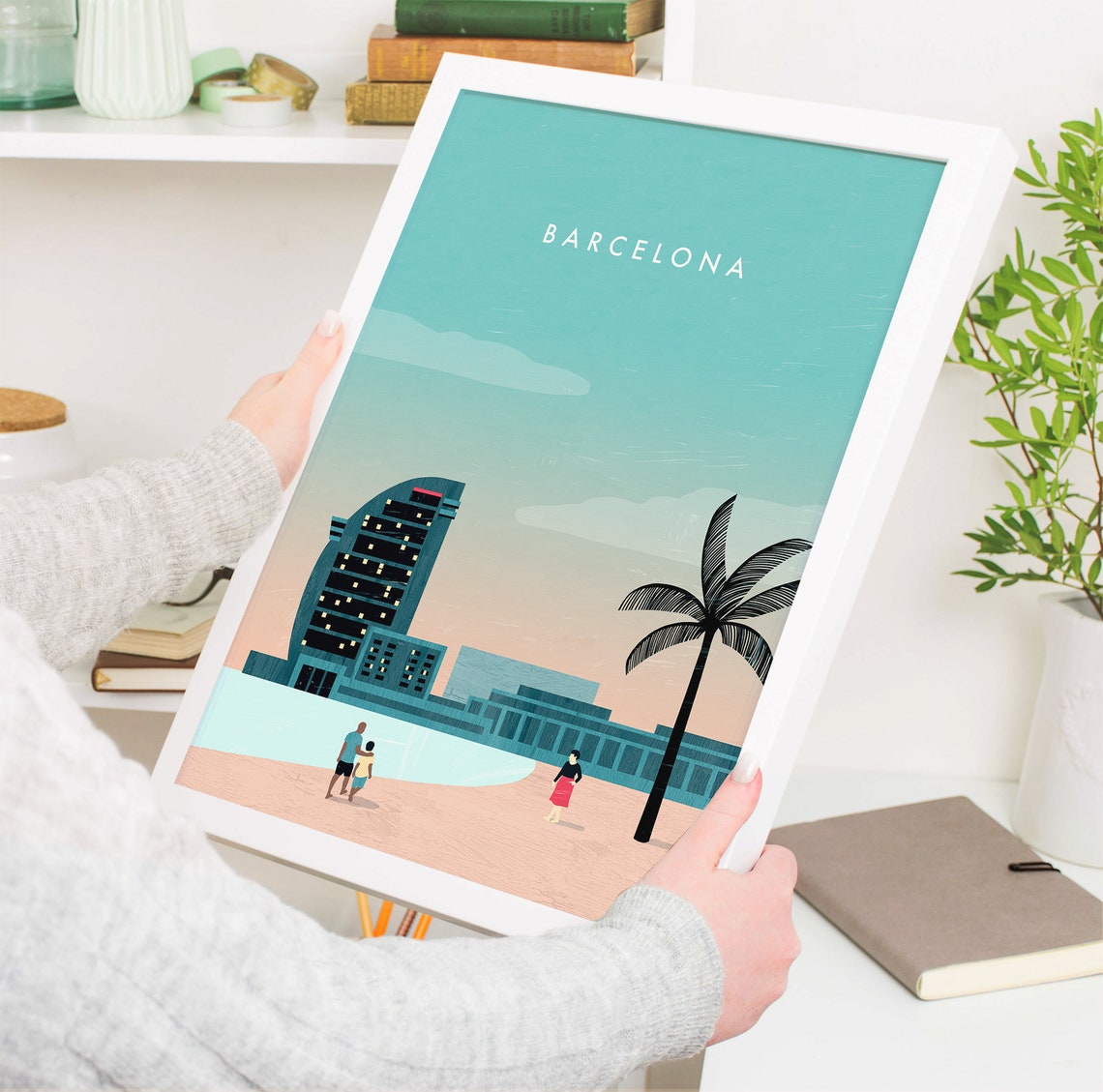 Barcelona Spain Coastal Sail Building Beach Palm City Poster - Image 4