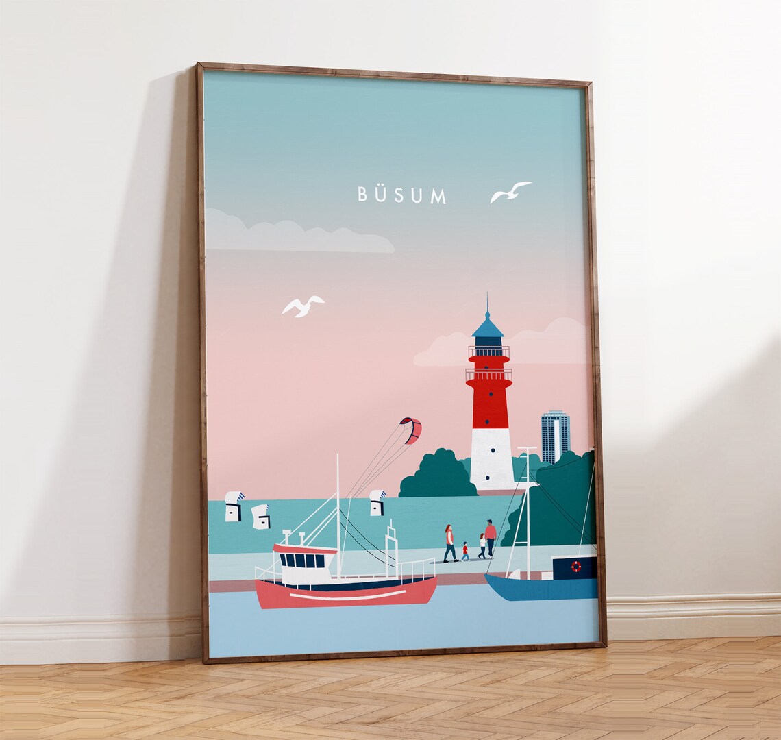 Busum Germany Lighthouse Harbor Boats North Sea Travel Poster
