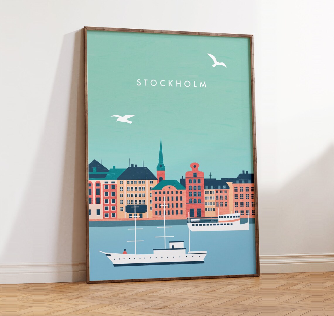 Stockholm Sweden Old Town Harbor Ships Seagull Travel Poster