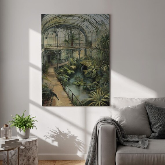 Vintage Botanical Greenhouse Canvas Wall Art Glasshouse Interior Print With Lush Ferns Tranquil Garden Decor For Nature Inspired Interiors