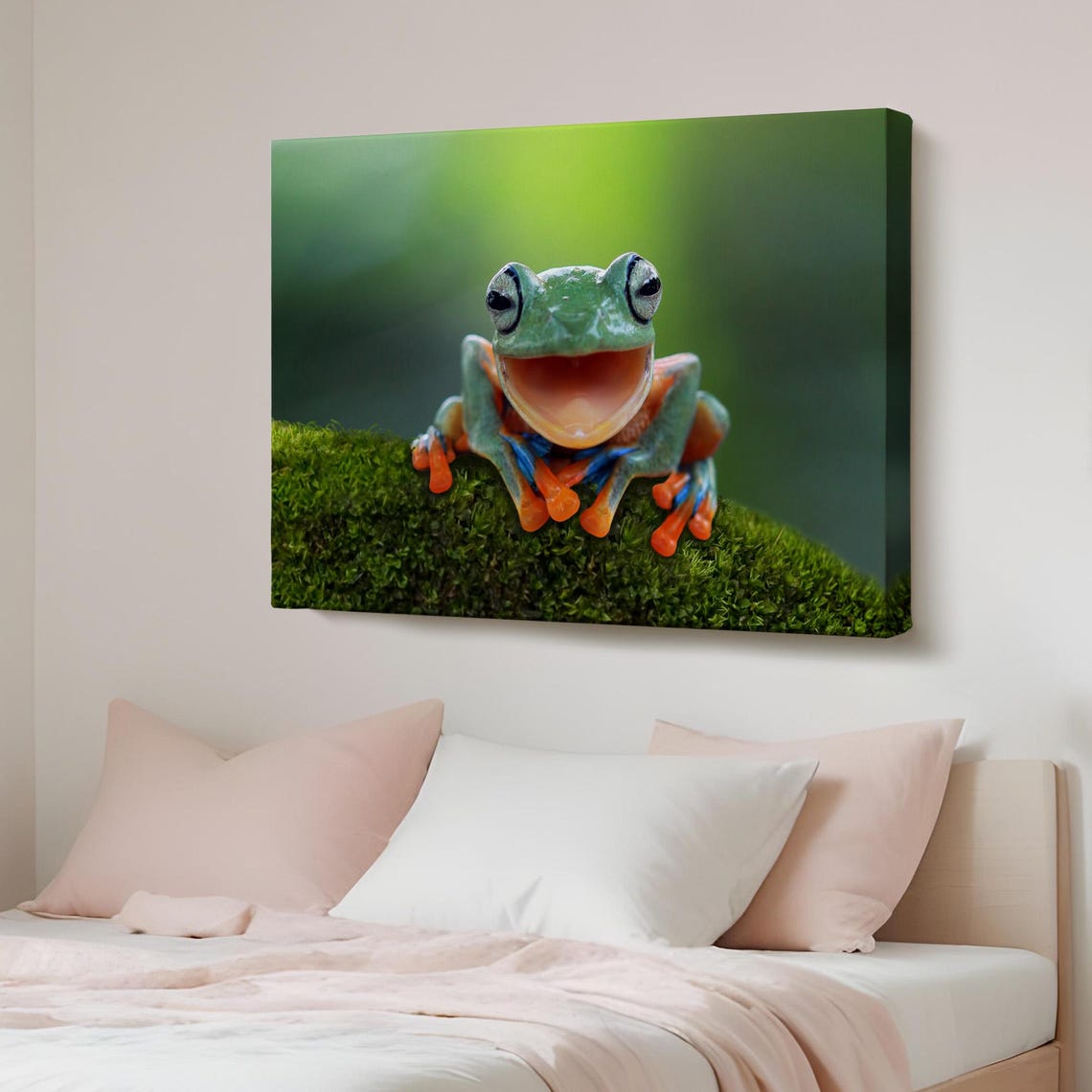 Happy Smiling Tree Frog Sitting On Green Moss Cute Art Poster