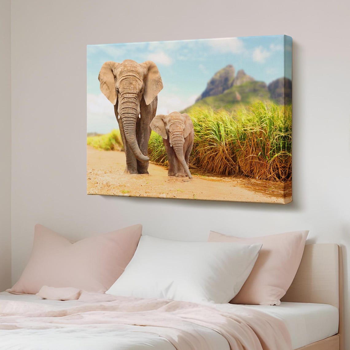 Elephant and Calf Walking Savanna Path Wildlife Photo Poster