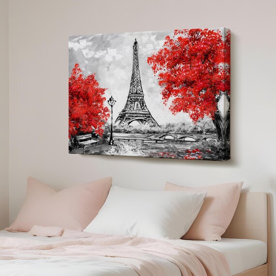 Eiffel Tower Black and White Autumn Red Trees Oil Painting Poster