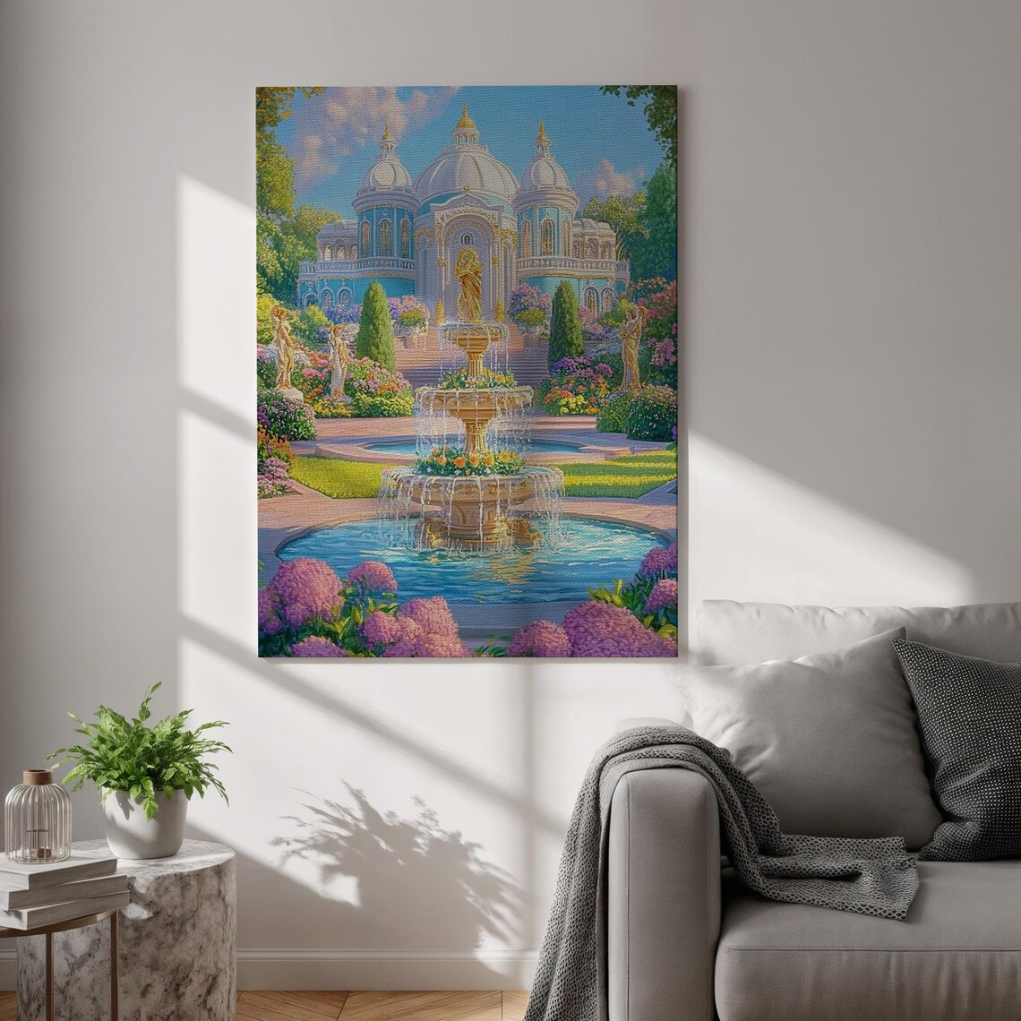 Blue Baroque Palace Golden Fountain Blooming Garden Dreamy Art Poster
