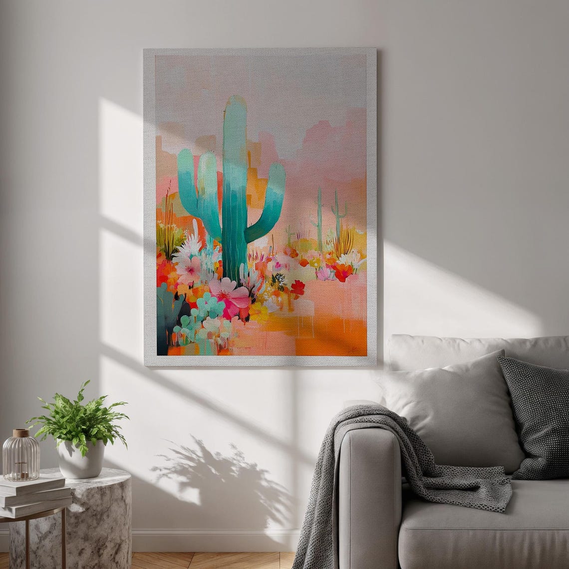 Turquoise Saguaro Cactus Desert Bloom Pastel Southwestern Poster