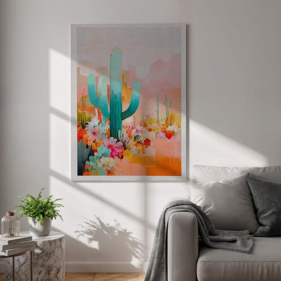 Desert Cactus Canvas Wall Art Colorful Boho Floral Print Vibrant Southwestern Nature Poster Framed Abstract For Bedroom And Office