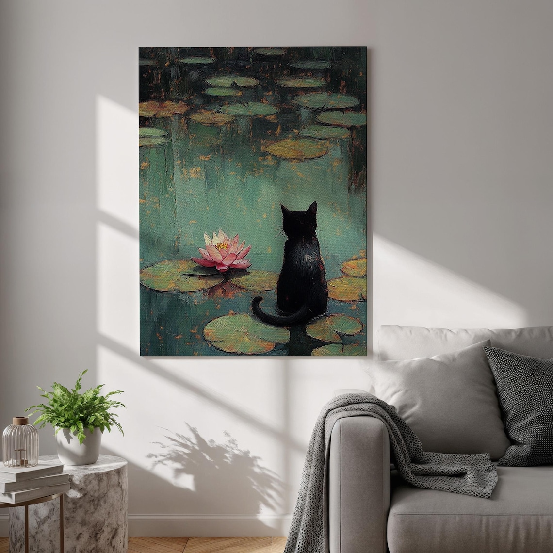 Black Cat by Water Lily Pond Pink Lotus Flower Cute Art Poster