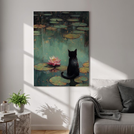 Cat And Canvas Wall Art Meditative Pond Scene Painting Framed Zen Nature Print Peaceful Pet Lover Decor For Bedroom Office