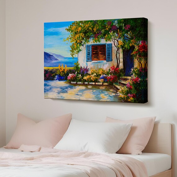 Mediterranean White House Flower Garden Sea View Coastal Painting Poster