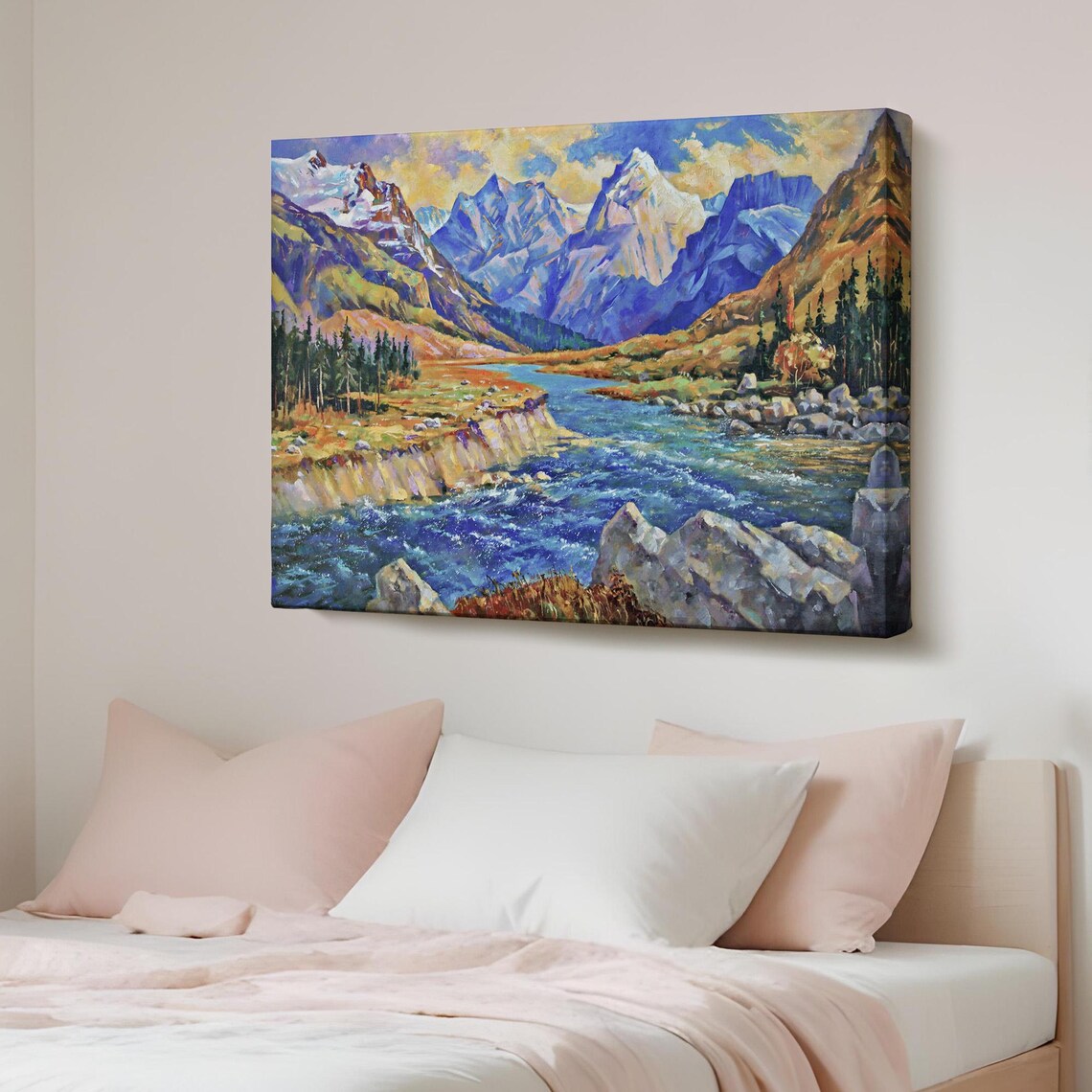 Alpine River Valley Snow Capped Mountains Oil Painting Poster