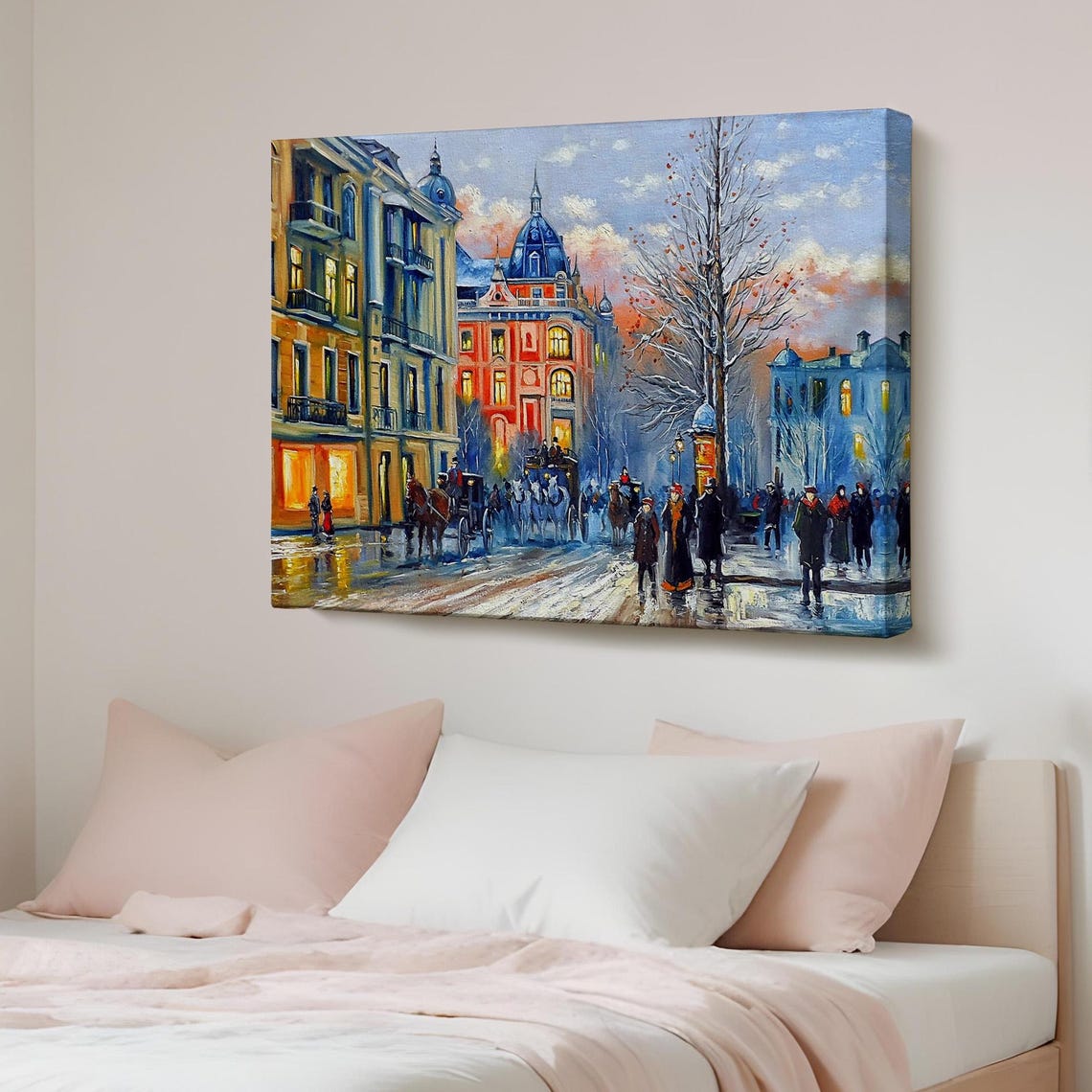 Old European City Winter Street Horse Carriages Snow Scene Wall Poster