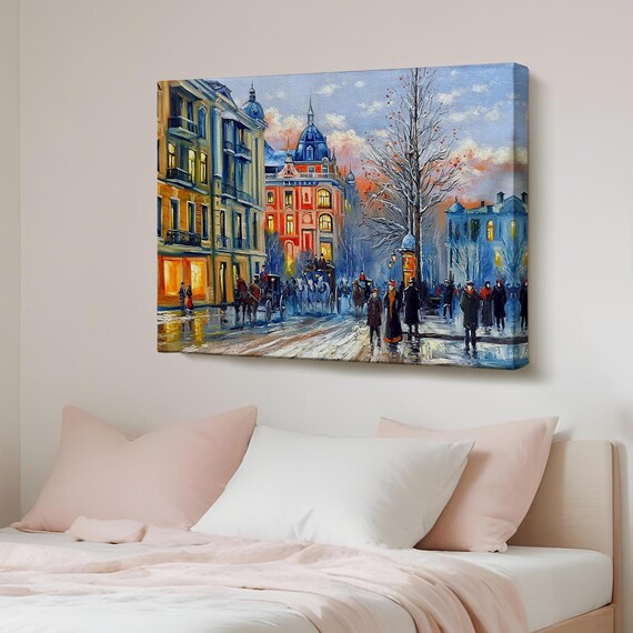 Old European City Winter Street Horse Carriages Snow Scene Wall Poster
