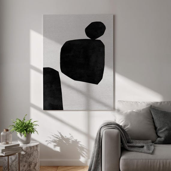 Black Abstract Canvas Print Minimalist Geometric Shape Wall Art Neutral Japandi Style Framed Poster For Modern Office Bedroom And Studio