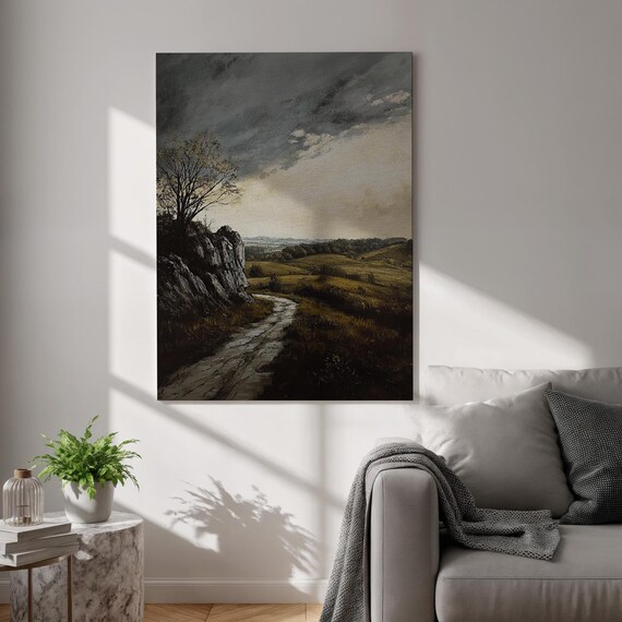 Countryside Path Canvas Print Stormy Sky Landscape Wall Art Rustic Nature Scene Framed Decor Vintage Style Artwork For Bedroom And Study