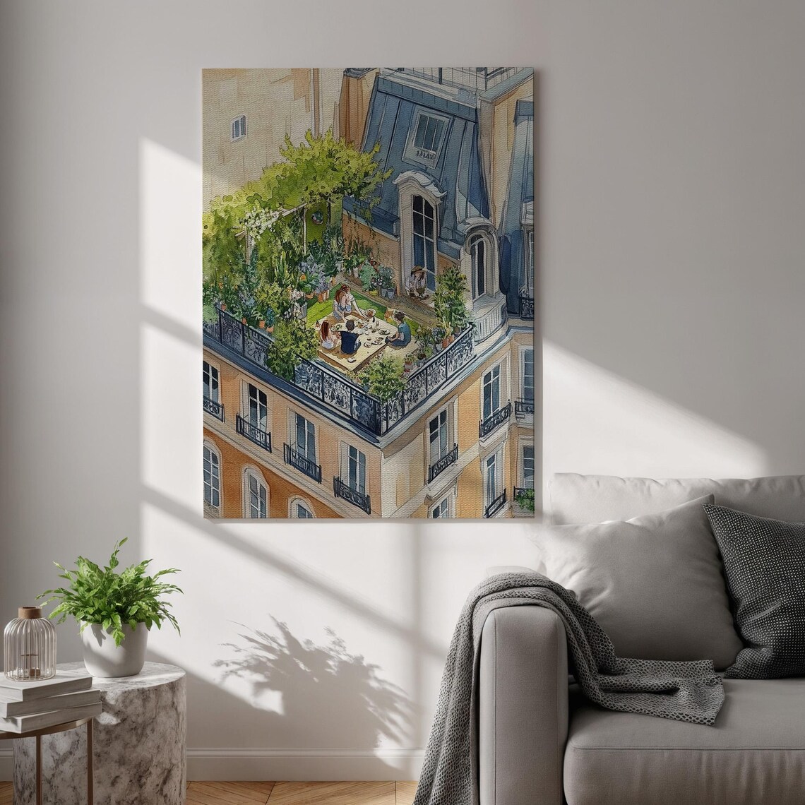 Paris Rooftop Balcony Dining Friends Watercolor Illustration Poster