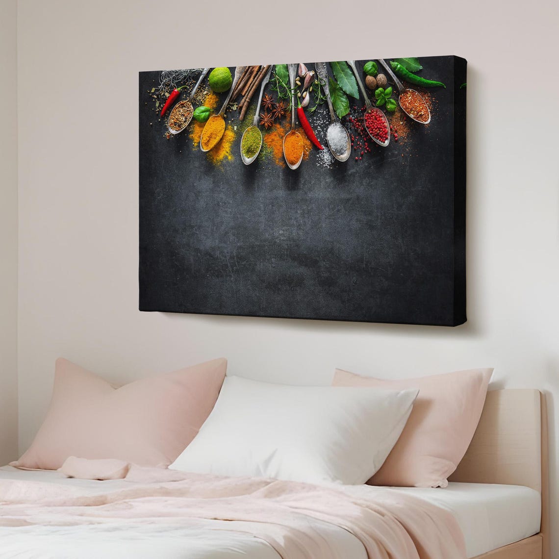 Colorful Spices in Metal Spoons Dark Kitchen Wall Decor Art Poster