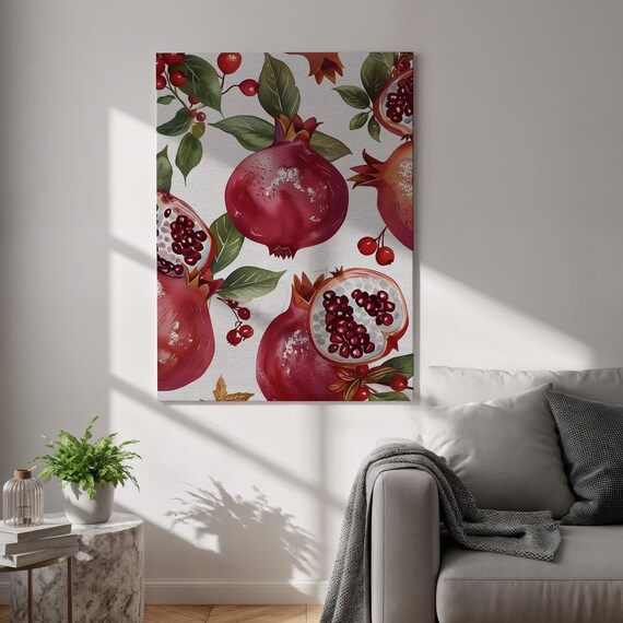 Pomegranate Wall Art Print Red Fruit Botanical Canvas Watercolor Style Kitchen Decor Mediterranean Dining Room Artwork Nature Gift
