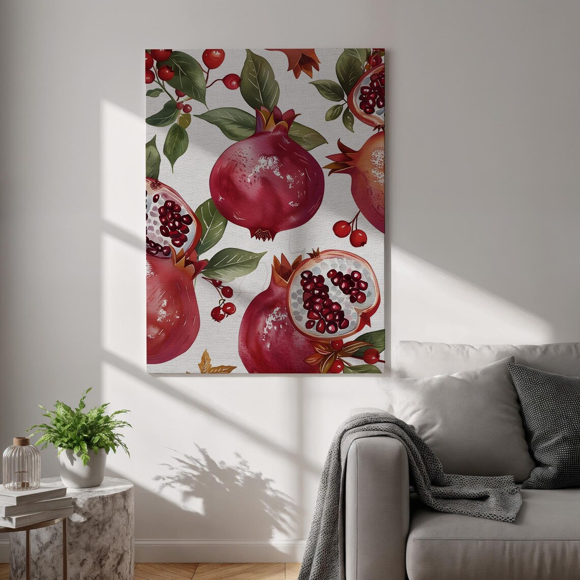 Pomegranate Wall Art Print Red Fruit Botanical Canvas Watercolor Style Kitchen Decor Mediterranean Dining Room Artwork Nature Gift