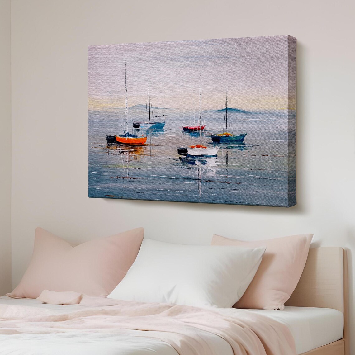 Moored Sailboats on Calm Sea at Dawn Soft Minimal Ocean Canvas Print