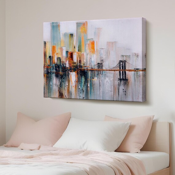 Abstract City Skyline Bridge Reflection Modern Canvas Art Poster