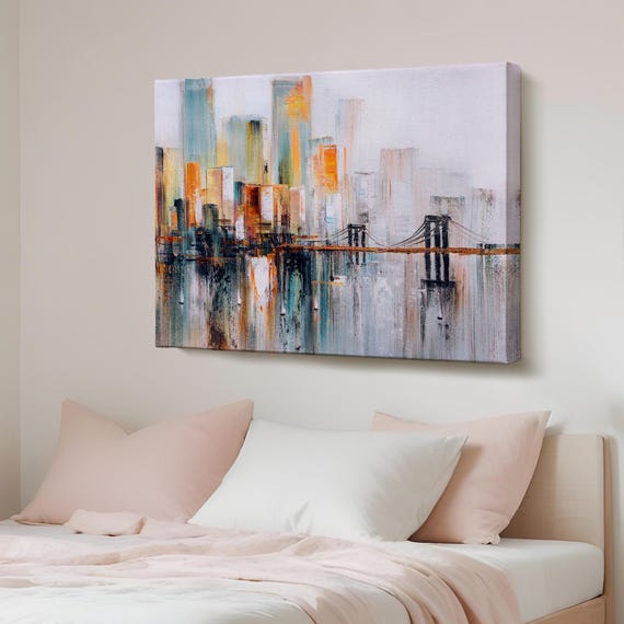 Brooklyn Bridge New York Oil Painting Look Decorative Art Abstract Canvas Print Modern Wall Decor Framed
