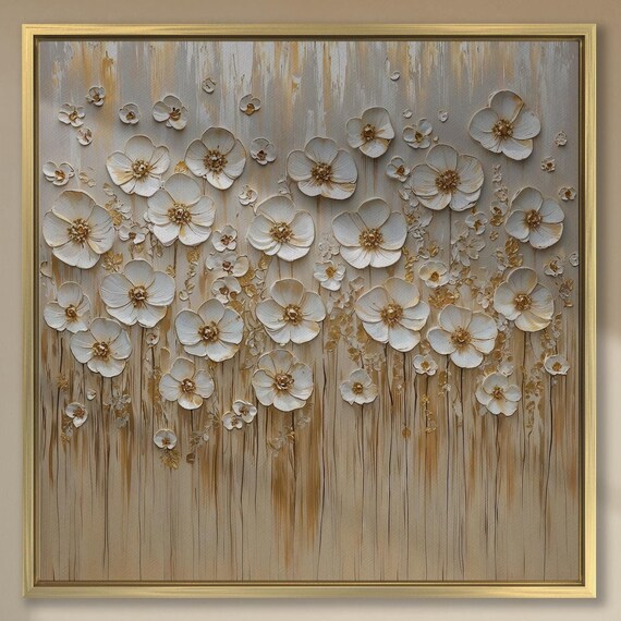 Luxury Floral Wall Art Large Botanical Painting Print Elegant Flower Wall Decor White And Gold Art Poster Ready To Hang Gift For Her