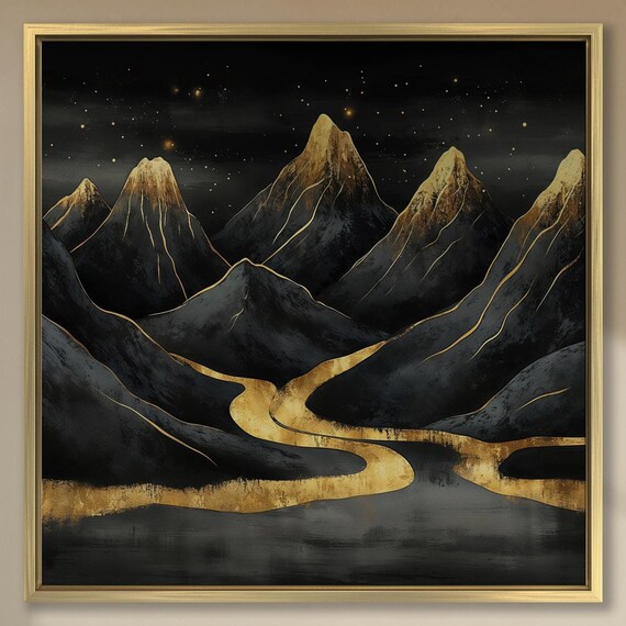 Abstract Dark Mountains Wall Art Golden River Painting Print Mystical Landscape Wall Decor Luxury Mountain Poster Ready To Hang Gift