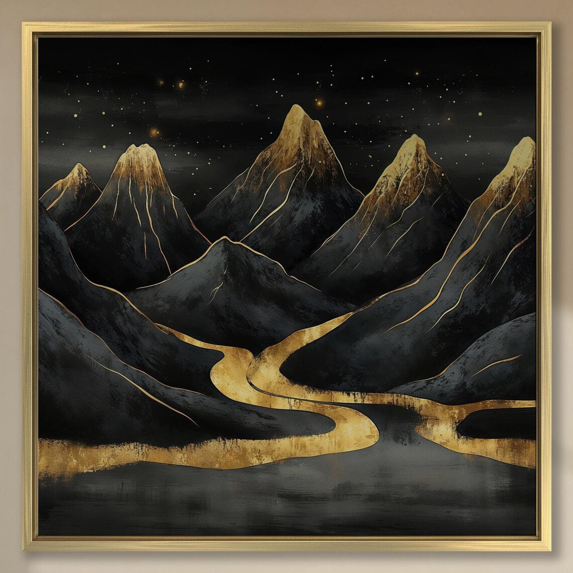 Starry Night Black Mountain Peaks with Golden River Valley Poster