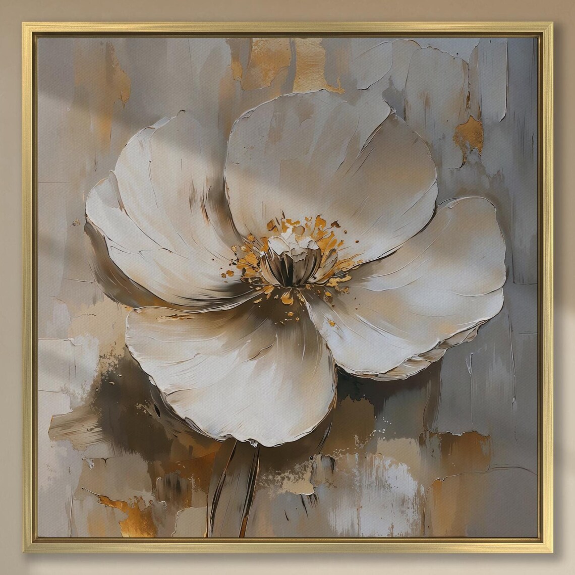 White Magnolia Flower With Gold Accents On Gray Impasto Art Poster