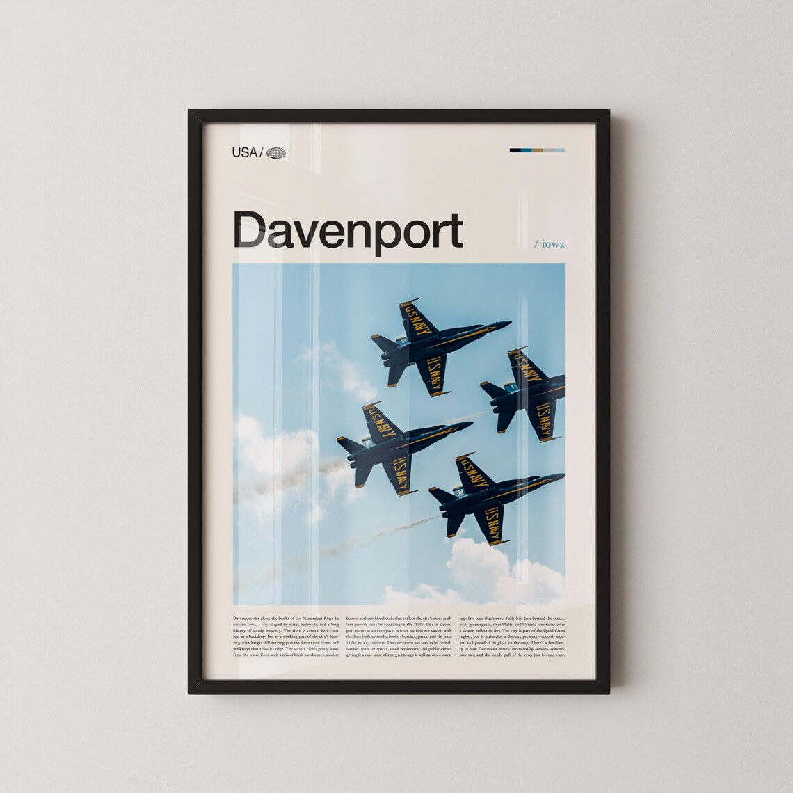 Davenport Iowa Blue Angels Jets Formation Editorial USA Travel Poster