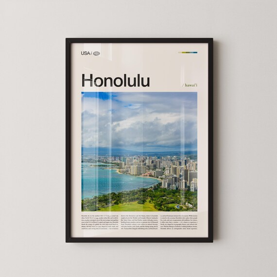 Honolulu Hawai'i Waikiki Aerial Cityscape Modern Travel Poster