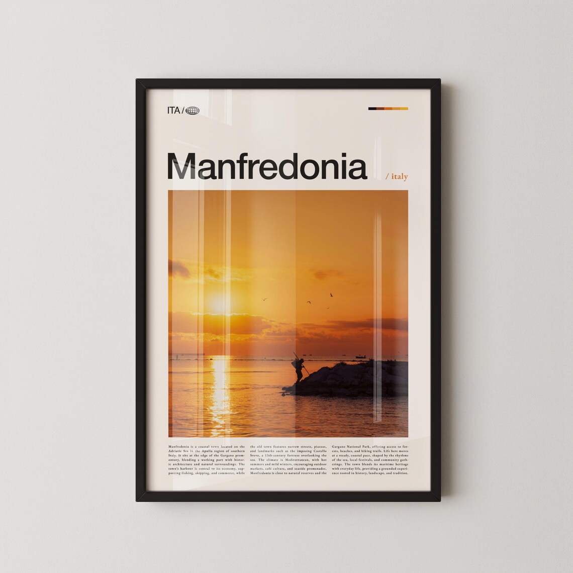 Manfredonia Italy Sunset Sea Fisherman Silhouette Travel Poster