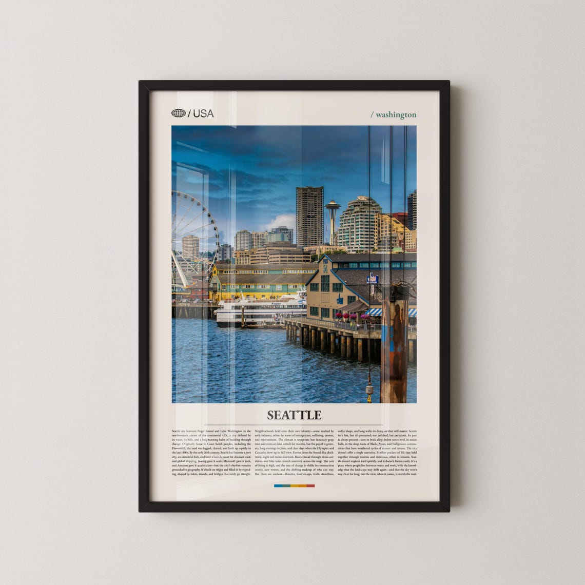 Seattle Waterfront Ferry Space Needle Cityscape Travel Poster