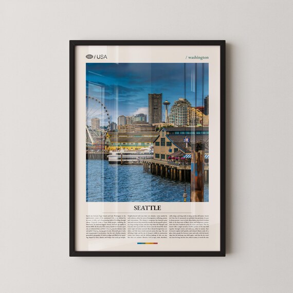 Seattle Waterfront Ferry Space Needle Cityscape Travel Poster