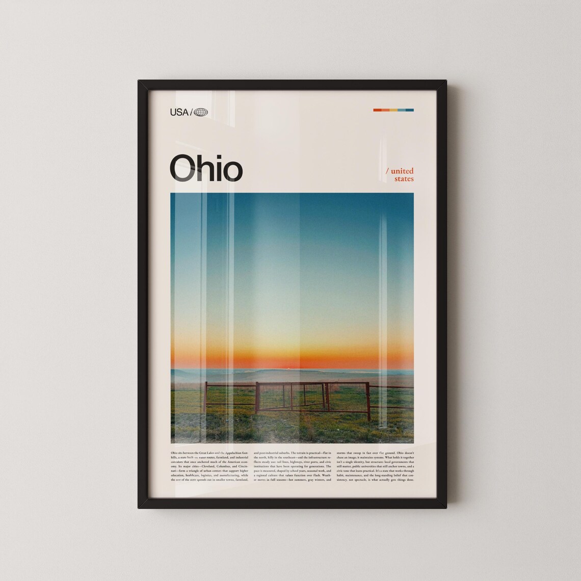 Ohio Farmland Sunset Over Rural Fence Golden Field Travel Poster