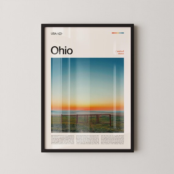 Ohio Farmland Sunset Over Rural Fence Golden Field Travel Poster