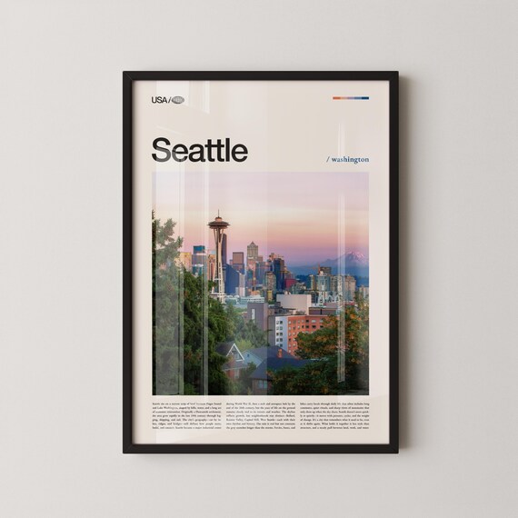 Seattle Washington Skyline Space Needle Sunset Travel Photo Poster