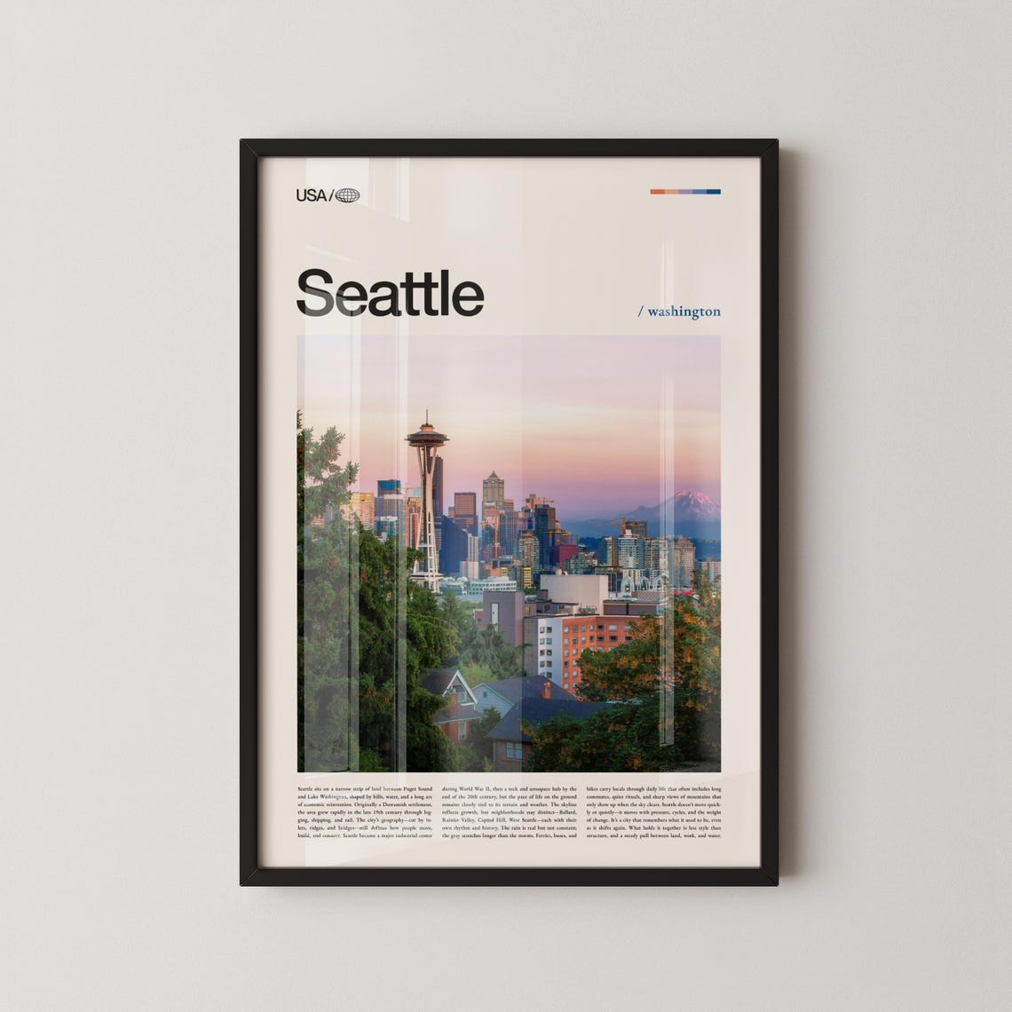 Seattle Washington Skyline Space Needle Sunset Travel Photo Poster