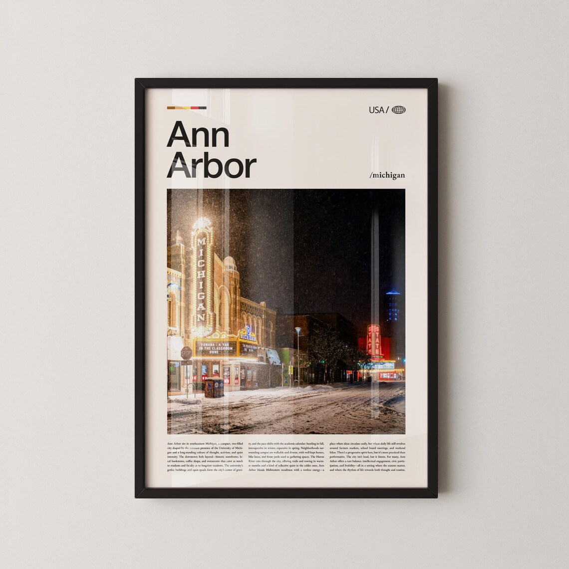 Ann Arbor Michigan Theater Snowy Nighttime Street Photo Poster