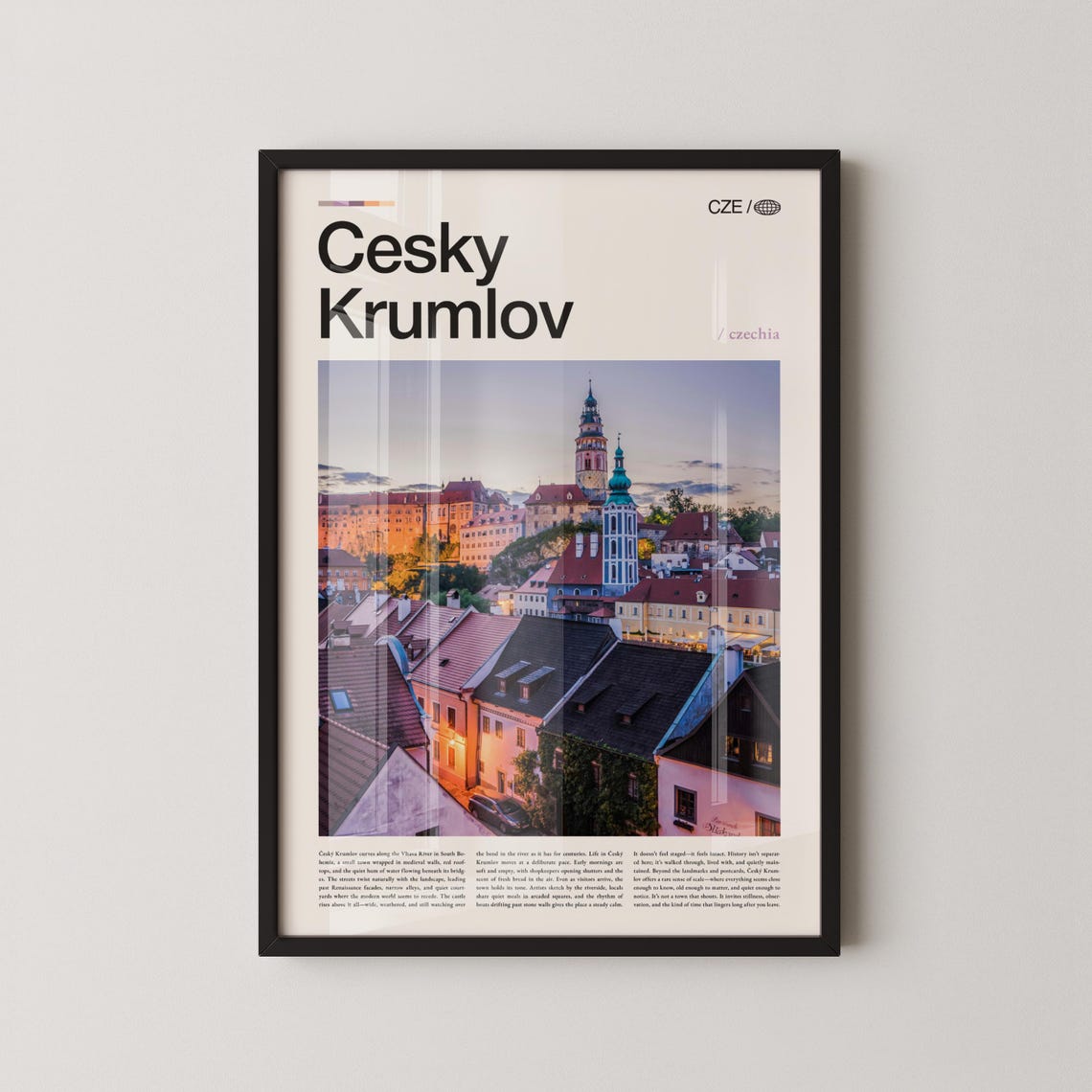Cesky Krumlov Czechia Sunset Rooftops Red Tiles Evening Travel Poster