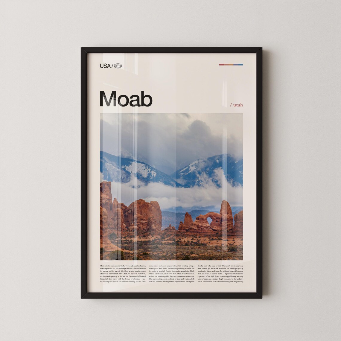 Moab Utah Red Rock Desert Editorial Photo Snowy Peaks Modern Travel Art Poster