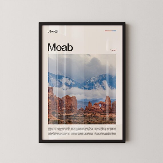 Moab Utah Red Rock Desert Editorial Photo Snowy Peaks Modern Travel Art Poster