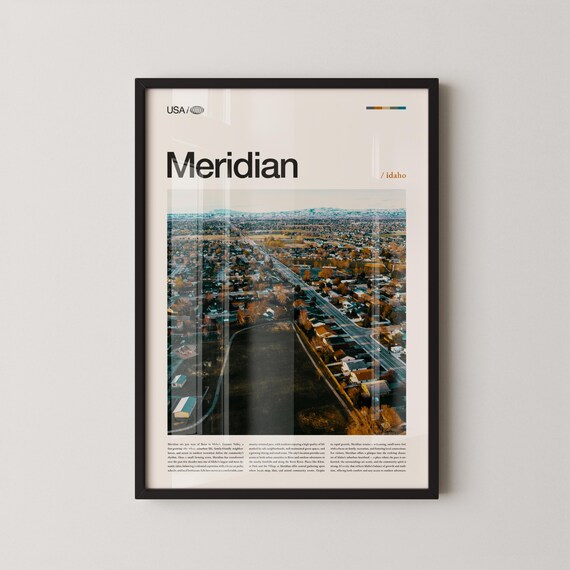 Meridian Idaho Minimalist Travel Poster With Aerial City Photo