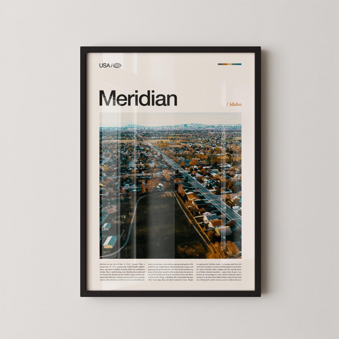 Meridian Idaho Minimalist Travel Poster With Aerial City Photo