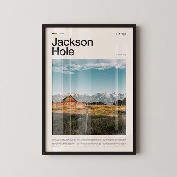 Jackson Hole Wyoming Teton Peaks Rustic Barn Blue Sky Mountain Travel Poster