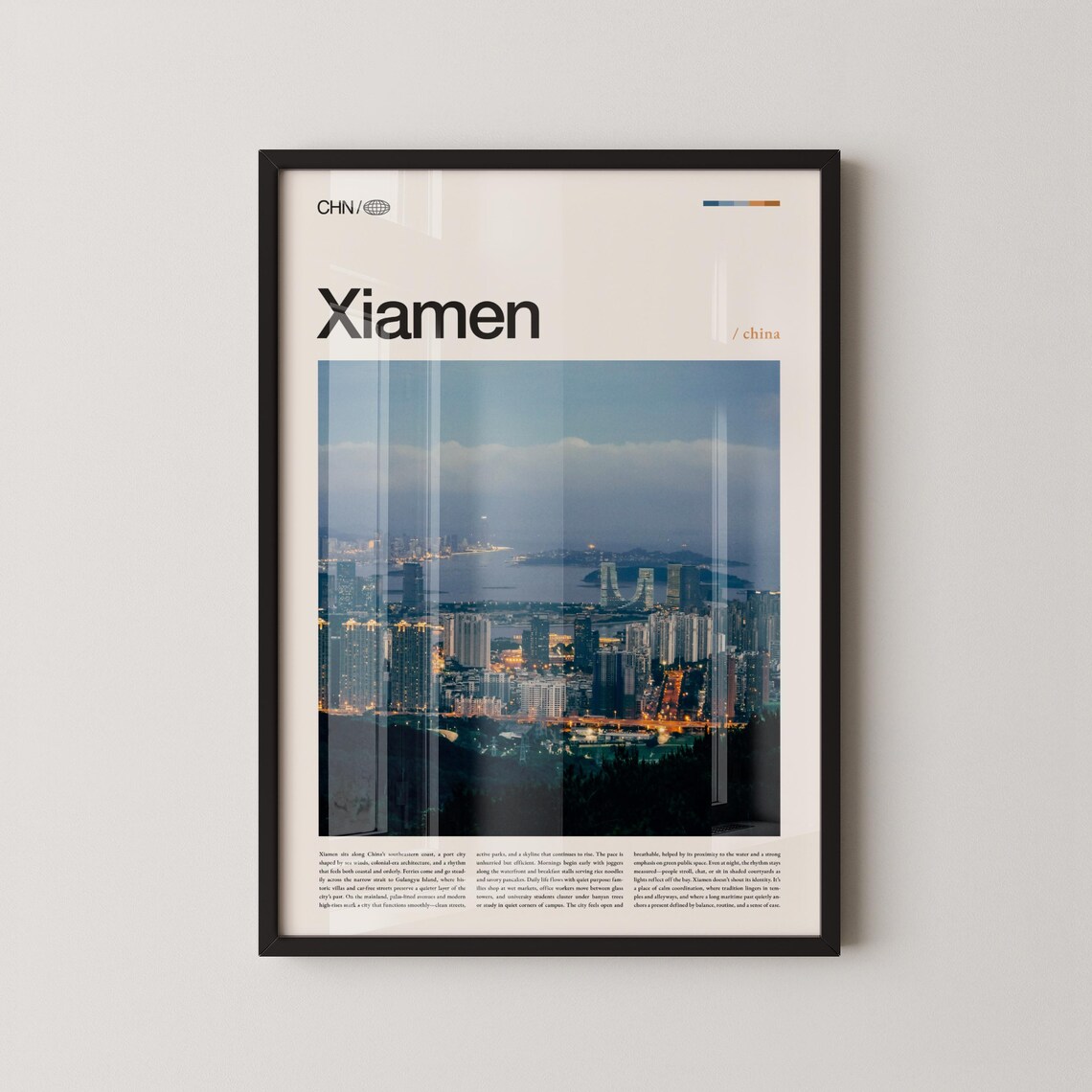Xiamen Evening Skyline Twin Towers Travel Poster China Coast City Art