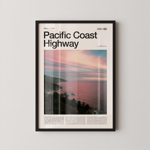 Pacific Coast Highway Bold Title California Sunset Travel Poster