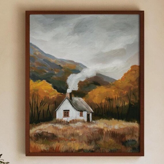Cozy Autumn Cottage Fall Forest Mountain Smoke Valley Art Poster